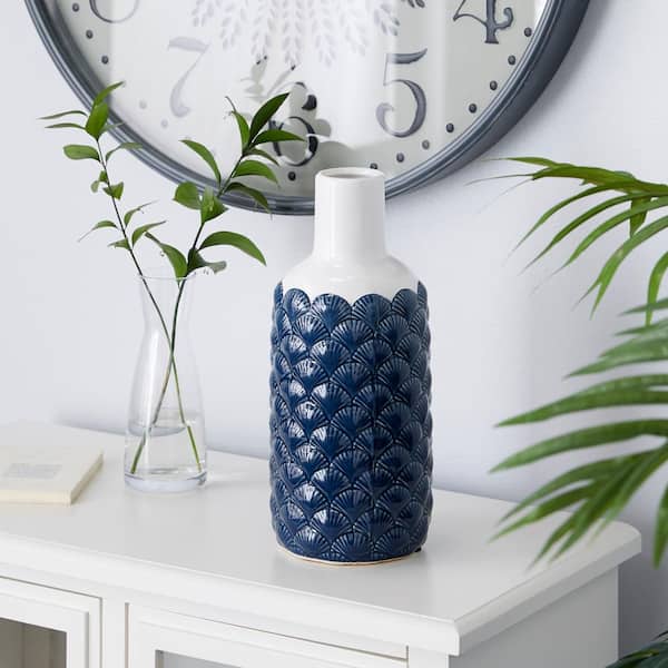13 in. Blue Ceramic Decorative Vase with Shell Designs