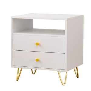 2-Drawer White Nightstands With Metal Legs and Open Shelf, Side Table Bedside Table 15.7 in. D x 19.6 in. W x 21.6 in. H