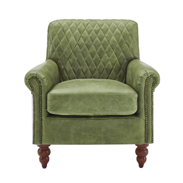 Art Leon Top Leather Emerald Industral Retro Top Grain Leather and Aluminum Accent Arm Chair with Wood Legs
