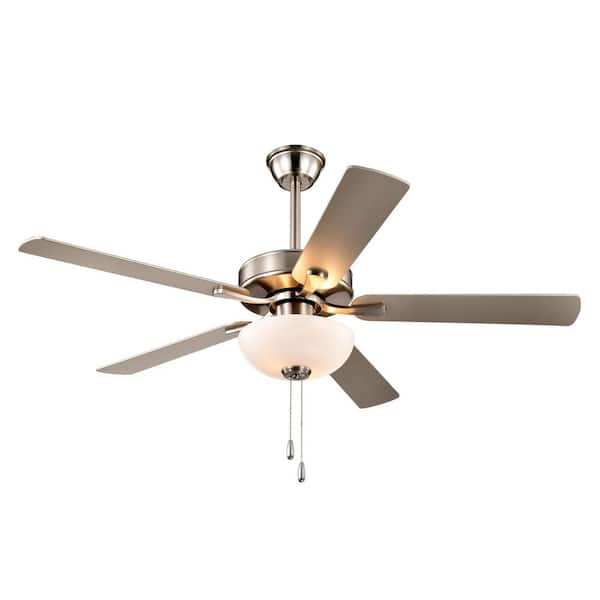 52 in. Indoor Brushed Nickel 5-Blade Modern Reversible Ceiling Fan with Light Kit and Pull Chain