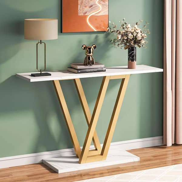 Turrella 43 in. Faux Marble White 32in. Height MDF Gold Console Table, Modern Hallway Table for Entryway, Sofa Table