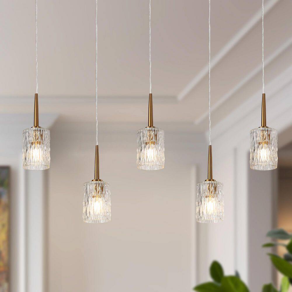 Modern 5-Light Plating Brass Island Hardwired Chandelier with Cylinder Clear Ripple Glass Shades and No Bulb Included price history on PriceWatchPro