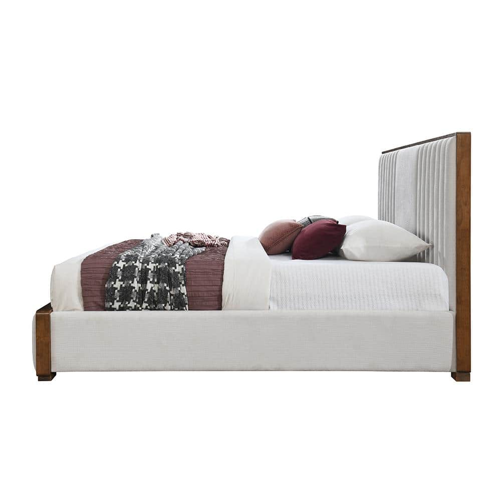 Kaleea Light Gray Chenille and Walnut Queen Bed