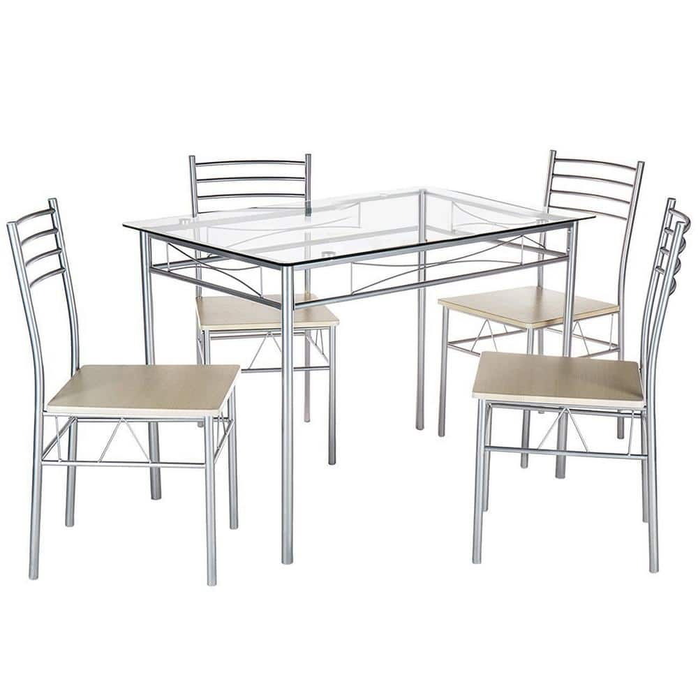 VECELO Dining Table Set, 5 Pieces Dining Set with Tempered Glass Top ...