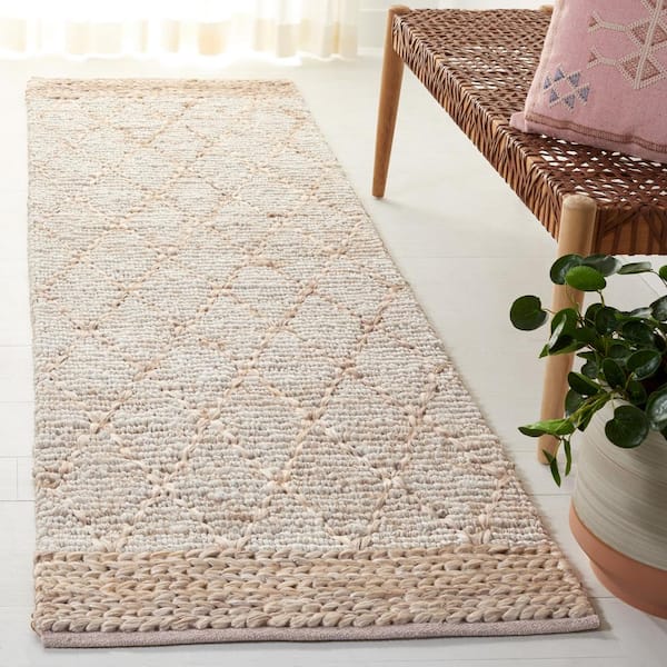 Natural Fiber Silver 3 ft. x 12 ft. Border Multi-Diamond Runner Rug