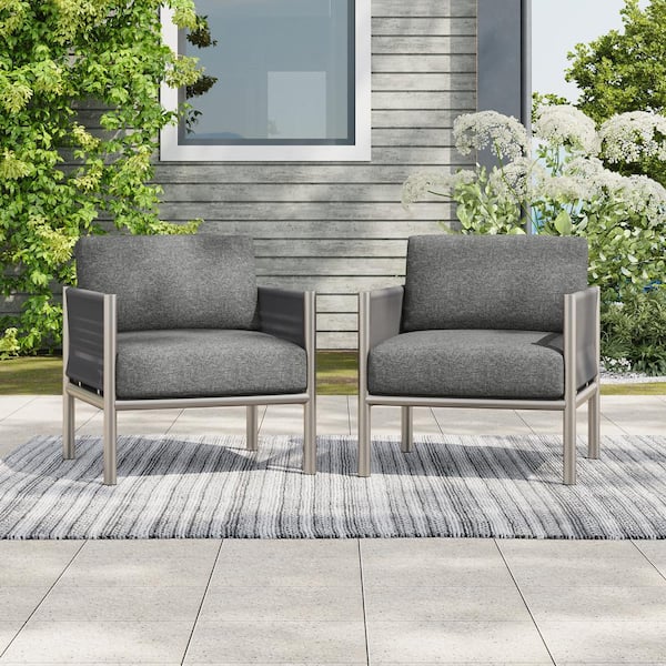 Noble House Patio Silver Aluminum Frame Outdoor Lounge Chair with Dark Grey Cushions (2-Pack)