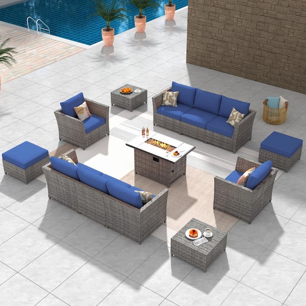 OVIOS Bexley Gray 13-Piece Wicker Rectangle Fire Pit Patio Conversation Seating Set with Navy Blue Cushions