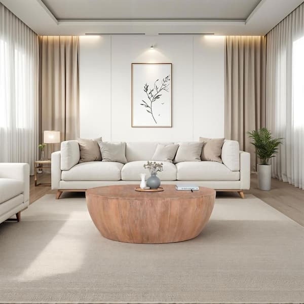 THE URBAN PORT Arthur 35.5 in. Distressed Brown Round Drum Wooden Coffee Table with Plank Design Base