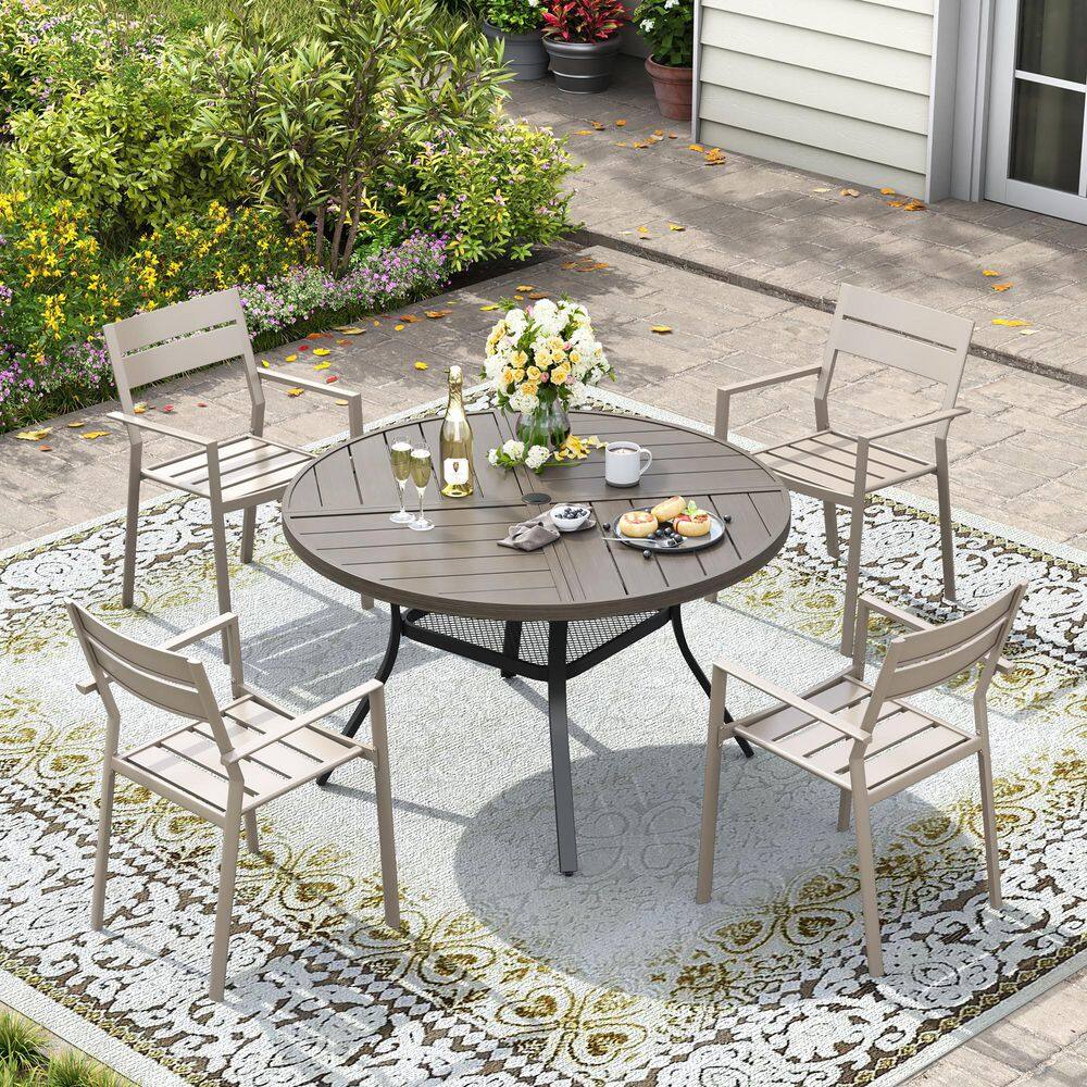 5-Piece Metal Outdoor Patio Dining Set with 40.6 in. Gray Wood-Like Round Table and 4 Stackable Chairs in Sandshell price history on PriceWatchPro