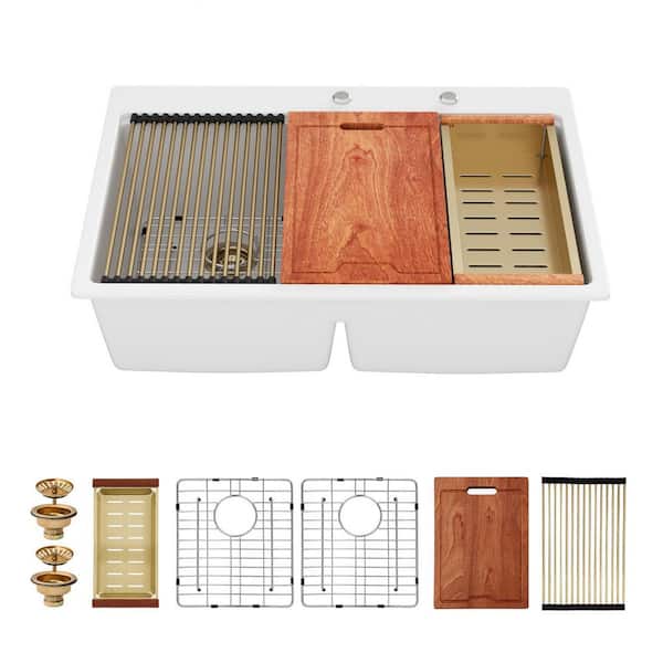 33 in. White Drop-in 50/50 Low Divide Double Bowl Quartz Composite Workstation Kitchen Sink with Accessories