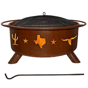 Lone Star 29 in. x 18 in. Round Steel Wood Burning Fire Pit in Rust with Grill Poker Spark Screen and Cover