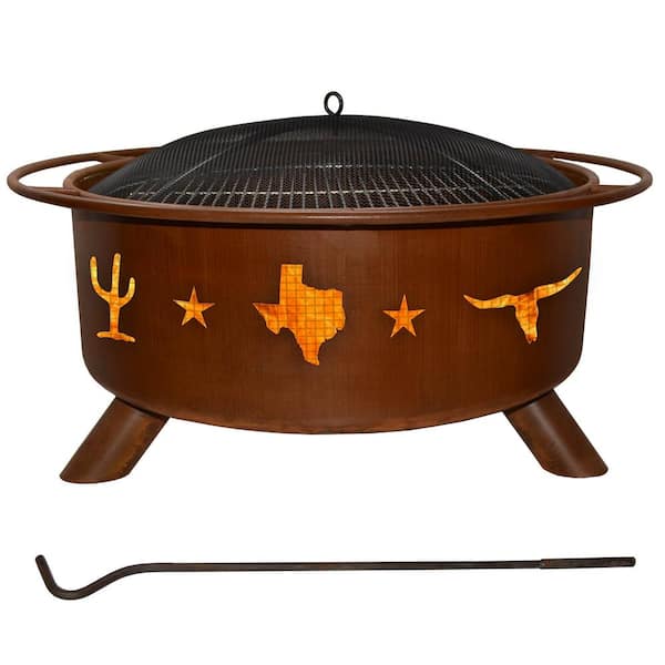 Unbranded Lone Star 29 in. x 18 in. Round Steel Wood Burning Fire Pit in Rust with Grill Poker Spark Screen and Cover