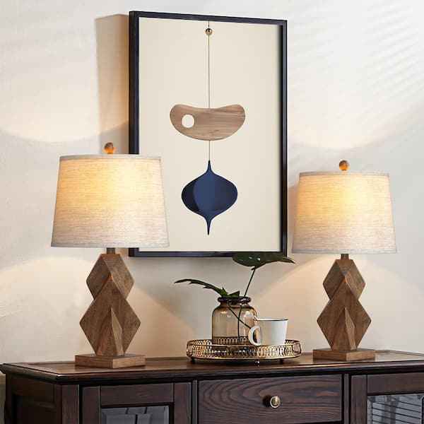 Maxax Salem 24 in. Brown Resin Table Lamp with Light Brown Linen Shade, USB/Type-C Ports (Set of 2)