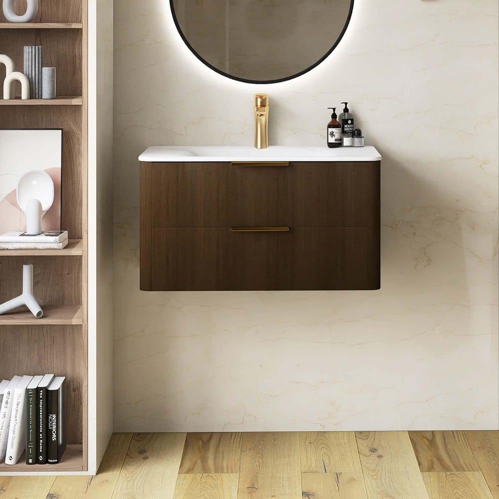 yuuu.　36 Yingze 36 in. Wall-Mounted Single Sink Walnut Bath Vanity with