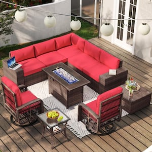 10-Piece Outdoor Rattan Wicker Patio Conversation Set with Fire Pit Table Swivel Chairs Red Cushions