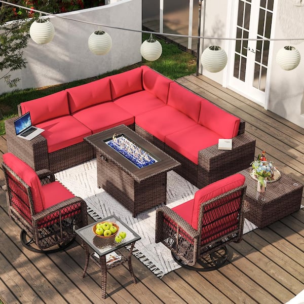 SUNMTHINK 10-Piece Outdoor Rattan Wicker Patio Conversation Set with Fire Pit Table Swivel Chairs Red Cushions