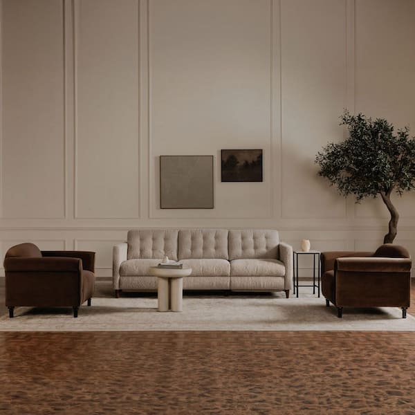 Ariadne Warm Grey Polyester Blend Wood Base Power Recliner Sofa with Dual Motion Footrests and Boucle Upholstery