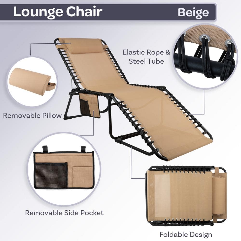Beige Textilene and Iron Folding Outdoor Chaise Lounge Chair