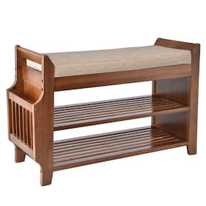 19.6 in. H x 29.6 in. W 7-Pair Brown Medium Bamboo Shoe Storage Bench Shelf with Removable Cushion