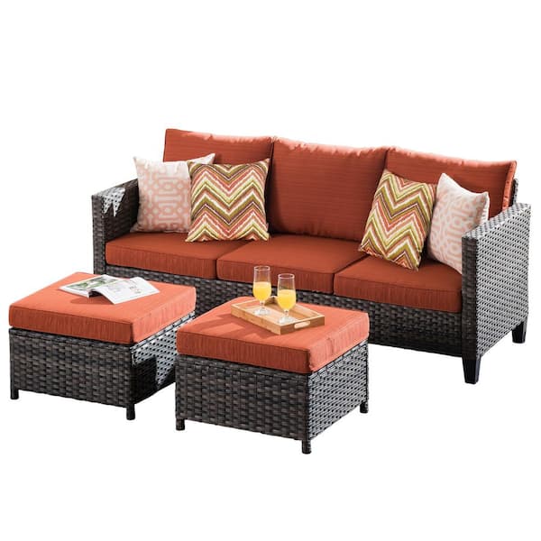 XIZZI Megon Holly Gray 3-Piece Wicker Outdoor Patio Conversation Seating Sofa Set with Orange Red Cushions