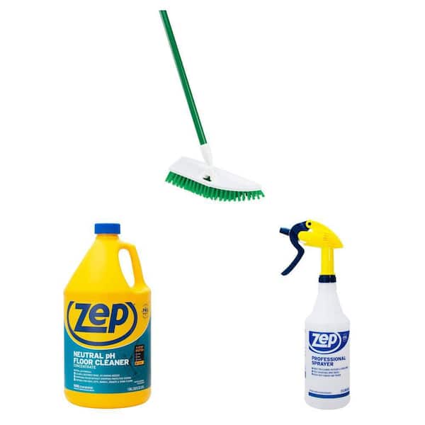 No Knees Floor Scrub Brush with Steel Handle, 1 Gal. Neutral Floor Cleaner and 32 oz. Spray Bottle Combo