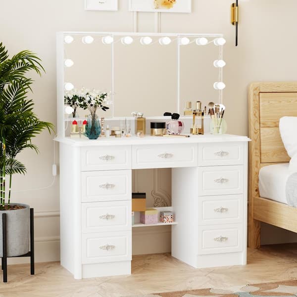 FUFU&GAGA White Modern Makeup Vanity Desk 9 Drawers Wood Dressing Table  With 3 Mirrors, Hidden Storage Shelves, LED Lighted KF210213-01 - The Home  Depot