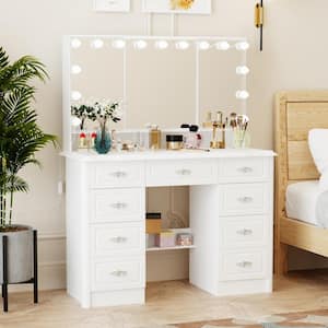 White Makeup Vanity Table Dressing Desk with 3-Mirrors, Lighted Mirror, Drawers, Hidden Storage Shelves Crystal Handles