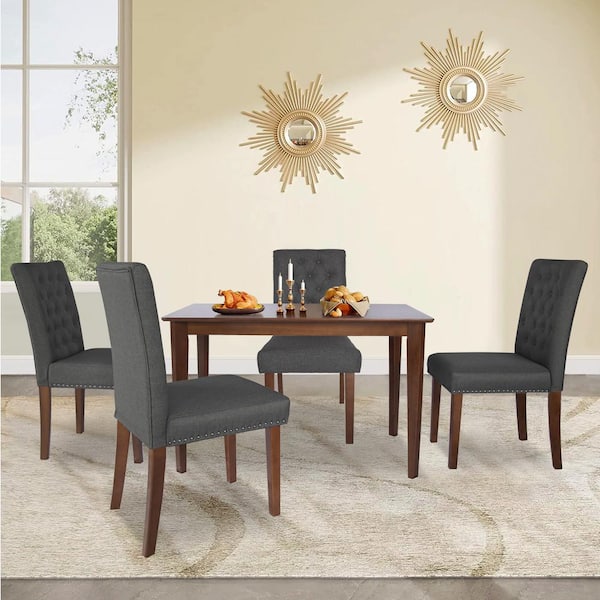 Dwell Home Inc Ashland 5-Piece Rectangle Walnut Solid Wood Top Dining Set with 4 Fabric Dining Chairs in Charcoal Seats 4