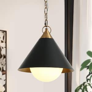 Libbaconion 40-Watt 1- Light Matte Black and Plating Brass Pendant Light with White Jade Glass and No Bulb Included