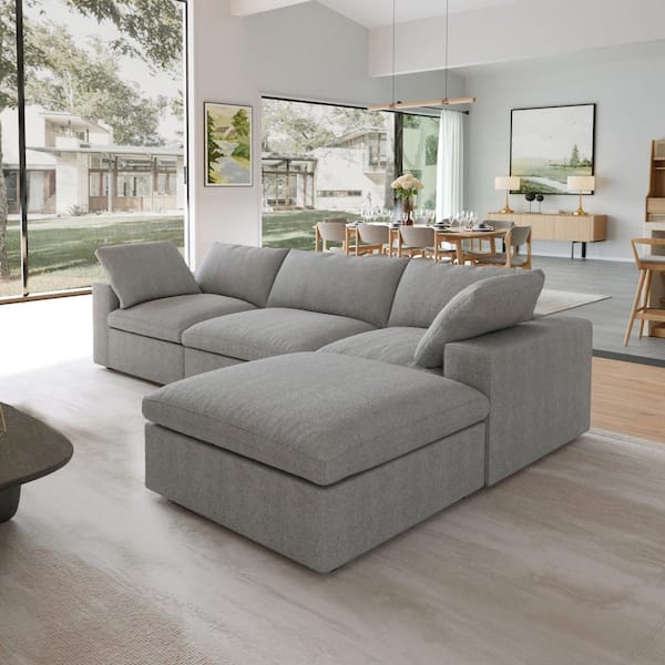 J&E Home 120.45 in. W Square Arm 4-Piece Velvet L-Shaped Sofa with Ottoman in Gray