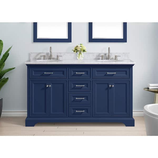 Home Decorators Collection Windlowe 61 in. W x 22 in. D x 35 in. H Freestanding Bath Vanity in Navy Blue with Carrara White Marble Top