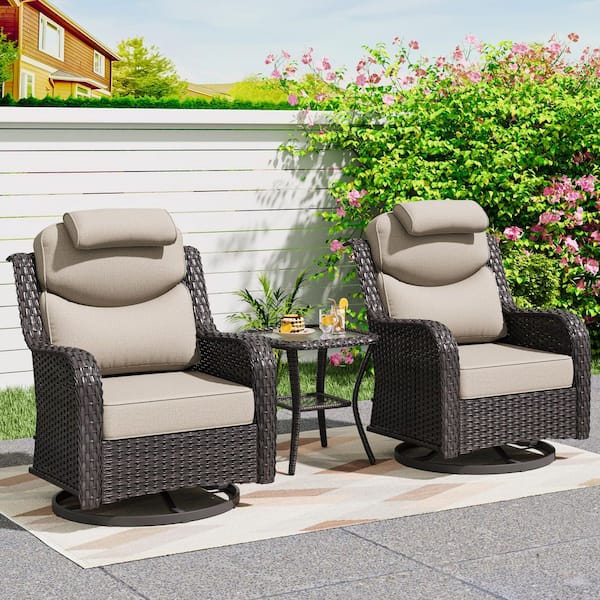 Smiley 3-Piece Brown Wicker Outdoor Rocking Chairs Patio Swivel Chairs with Headrest, Beige Cushions and Side Table
