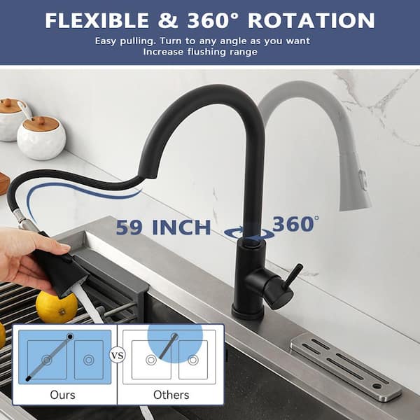 Satico 15.67 in. Single Handle Stainless Steel 360 ° Spout Swive Pull Down Sprayer Kitchen Faucet in Matte Black