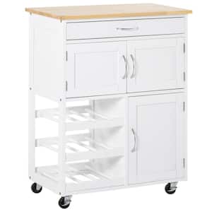 Rolling White Rubber Wood Top 26.5 in. Kitchen Island with Wine Rack