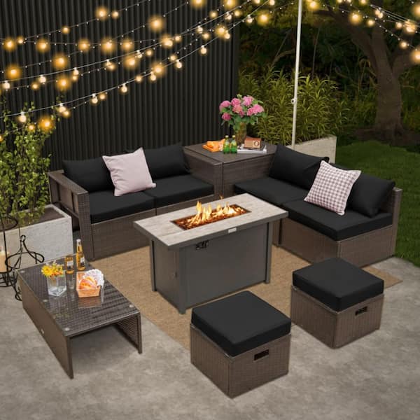 Kadehome Outdoor 9-Piece Brown Patio Wicker Furniture Set with 42 in. Propane Patio Fire Pit Table and Black Cushions