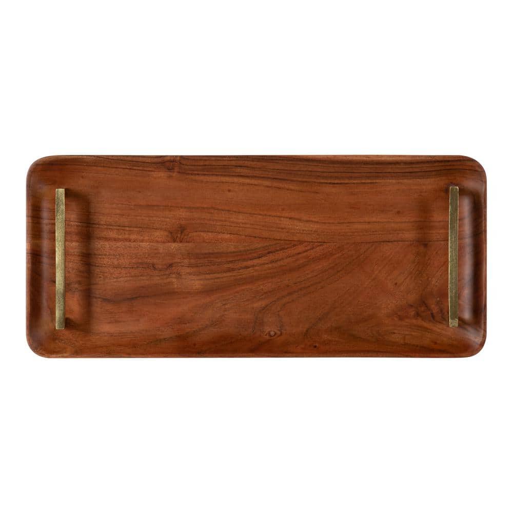 Walnut Brown Acacia Wood Rectangular Serving Tray with Gold Handles