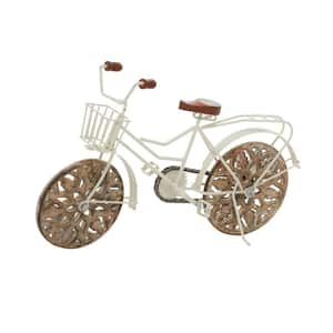 5 in. x 12 in. White Metal Bike Sculpture with Carved Wood Wheels