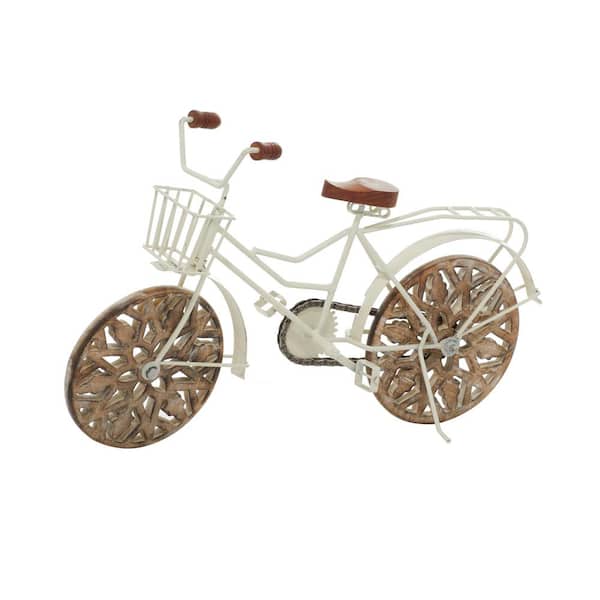 Litton Lane 5 in. x 12 in. White Metal Bike Sculpture with Carved Wood Wheels