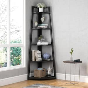 Jannelly 70 in. Black Wood 5tier 5 Shelf Corner Ladder Bookcase with Open Back