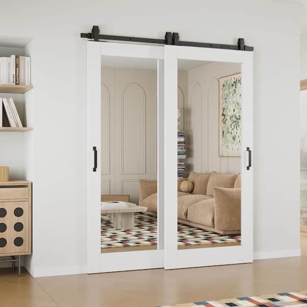 64 in. x 80 in. (Double 36 in.) 1-Lite Mirrored Glass White Primed MDF Sliding Barn Door with Hardware Kit Bypass