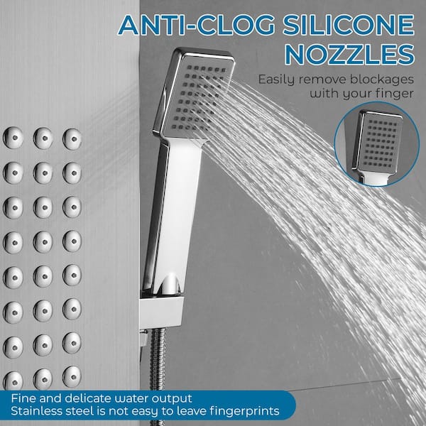 VEVORbrand 5 In1 Shower Panel Tower System Brushed Silver Stainless Steel Multi-Function With Spout Rainfall Waterfall Massage Jets Tub Spout Hand