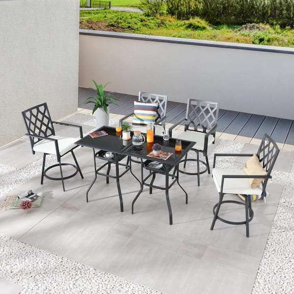 TOP HOME SPACE Black 6-Piece Metal Outdoor Bistro Set with White Cushion