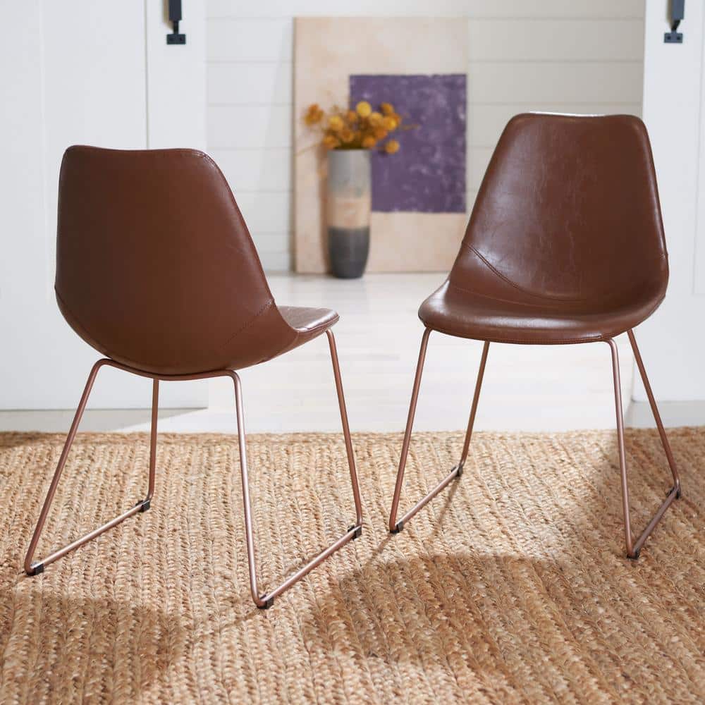 Dorian Light Brown Vegan Leather & Brass Side Chair Set of 2