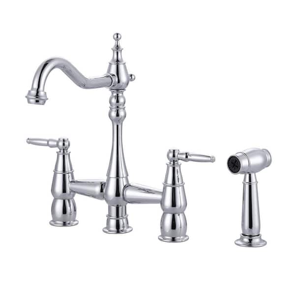 ALEASHA Quaint Double Handle Vintage Bridge Kitchen Faucet-Side Spray in Chrome