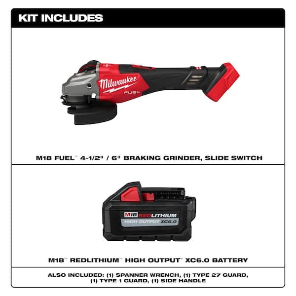 M18 FUEL 18V Lith-Ion Brushless Cordless 4-1/2 in./6 in. Braking Grinder with Slide Switch w/ High Output 6.0 Ah Battery