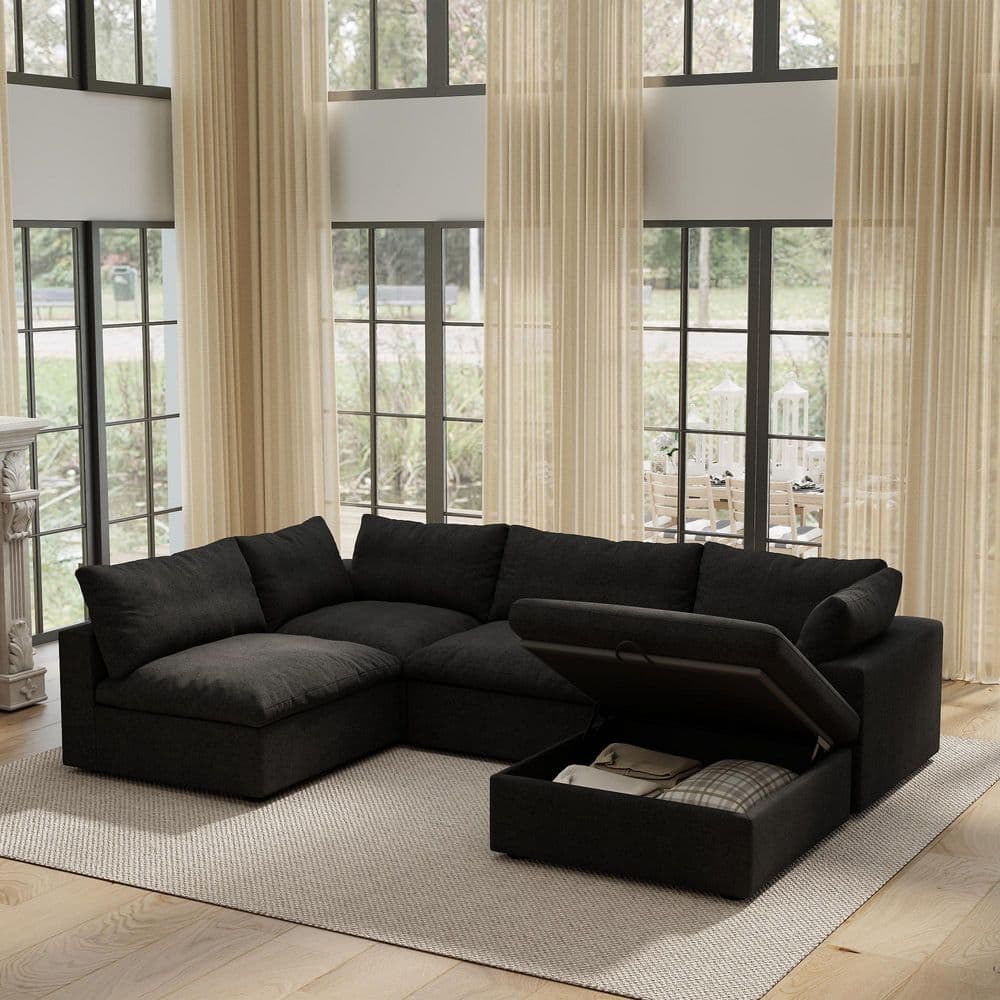 118 in. W Square Arm 5-Piece Linen Modular Free Combination Sectional Sofa with Storage Ottoman in Black