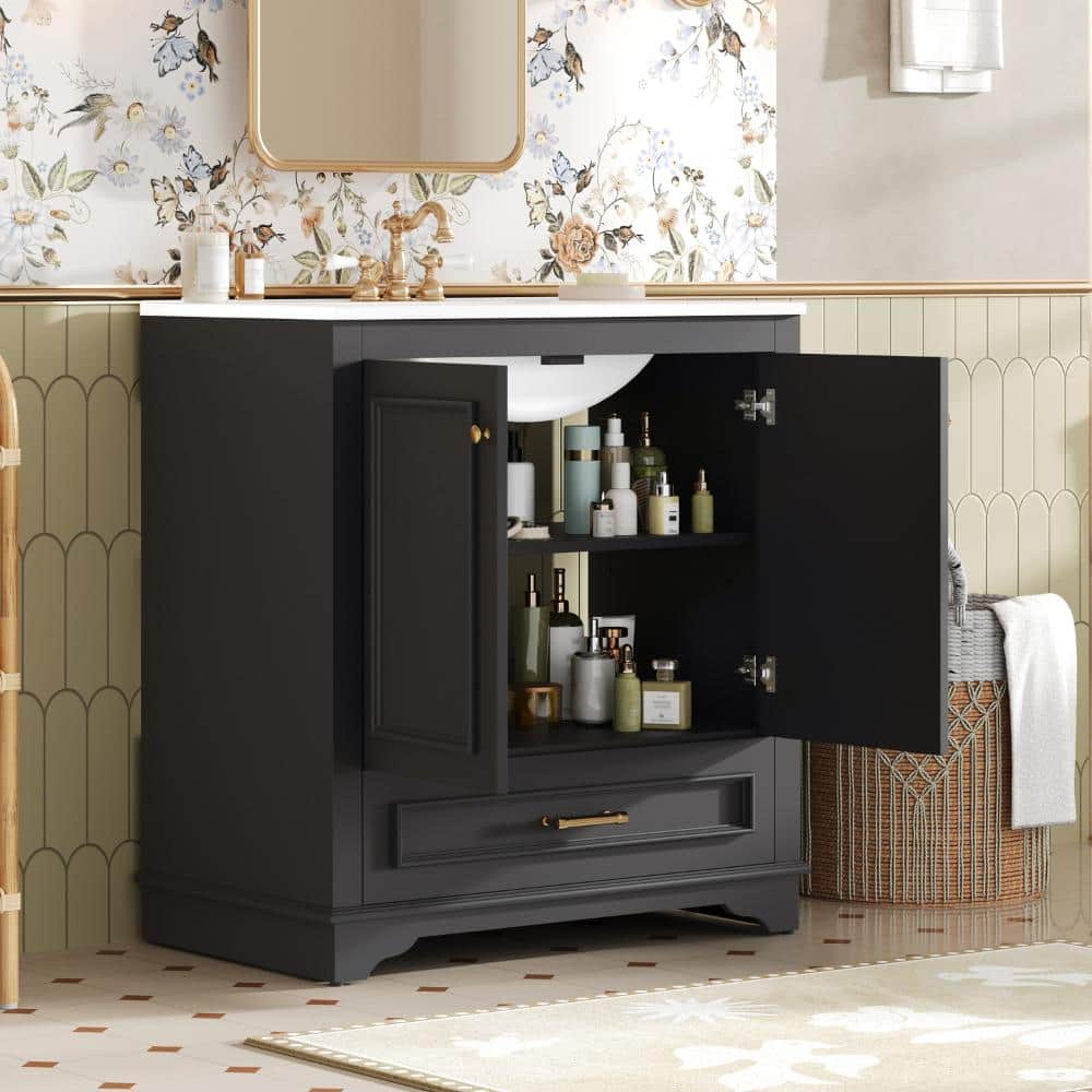 30.5 in. W x 18.4 in. D x 33.9 in. H Freestanding Bath Vanity in Black with White Ceramic Top(Unassembled)