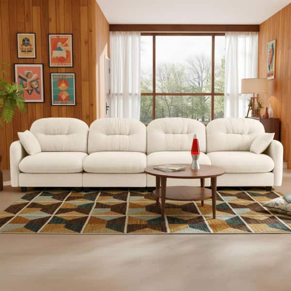 PMOB 140 in. Round Arm 4-piece Chenille Modular Tufted Backrest Sectional Sofa in Oatmeal