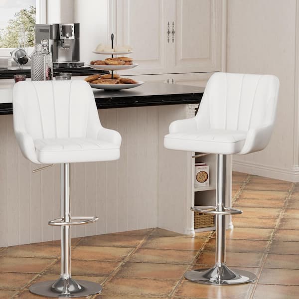 VECELO Swivel Adjustable Bar Stools with Back for Kitchen Counter Padded Counter Height Faux Leather Chairs, White, Set of 2