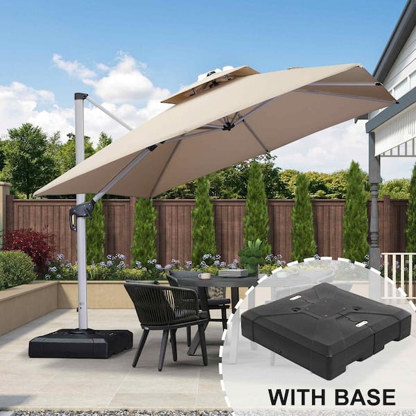 10 ft. Square High-Quality Aluminum 360 Rotation Cantilever Polyester Outdoor Patio Umbrella with Base, Beige